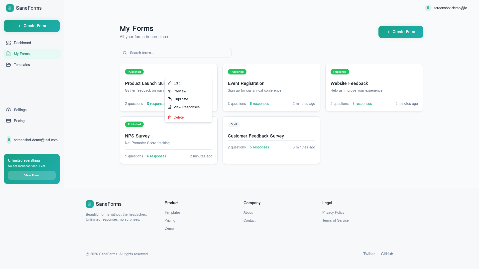 Sane Form SaneForms - Form Builder with Unlimited Responses | No Per-Response Fees