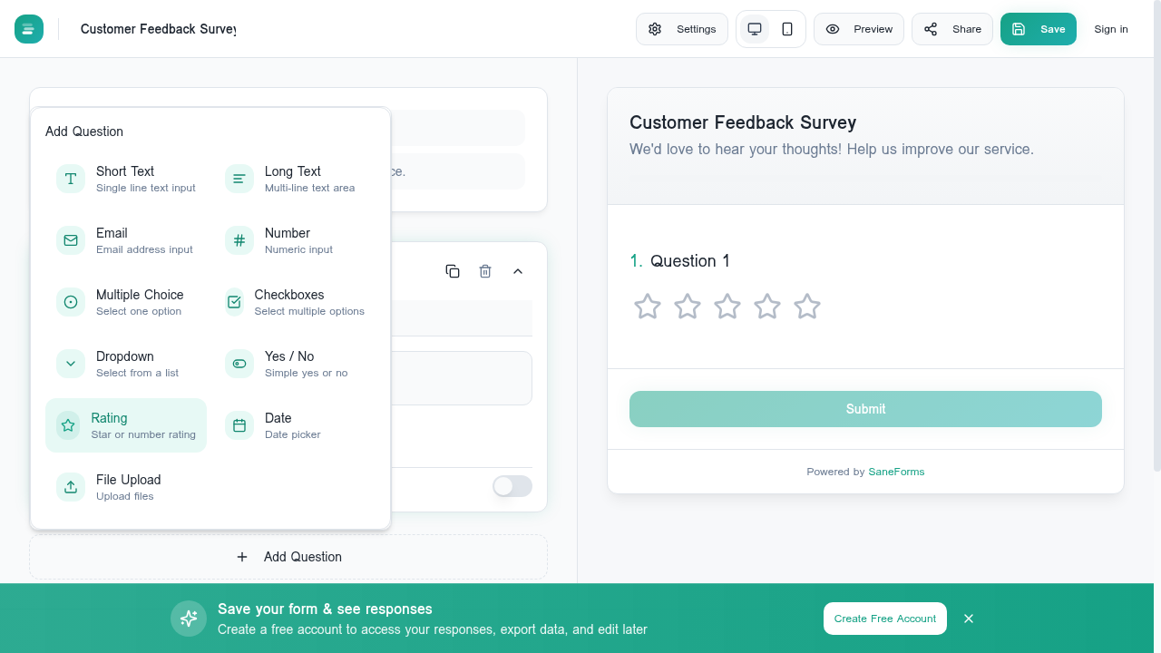 Sane Form SaneForms - Form Builder with Unlimited Responses | No Per-Response Fees