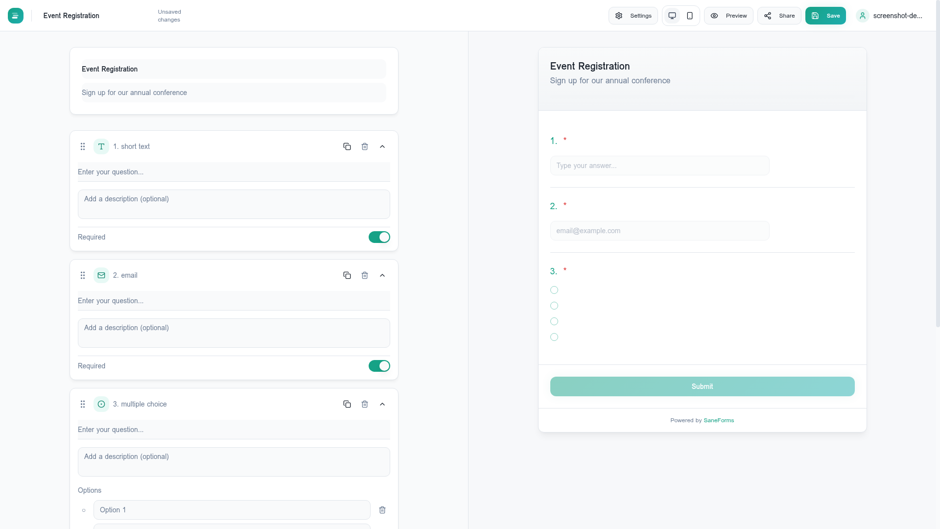 Sane Form SaneForms - Form Builder with Unlimited Responses | No Per-Response Fees